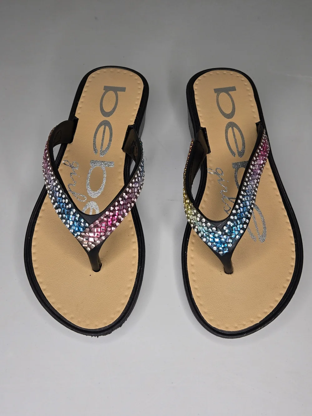 Bebe Girls's Beige Rhinestone Multicolor Women's Flip Flops SIZE CHILD 11 SMALL